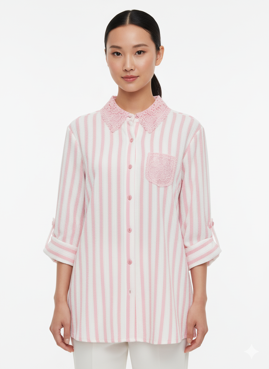 Fs44 1024 Women's Striped Lace-Trim Collar Button-Up Blouse