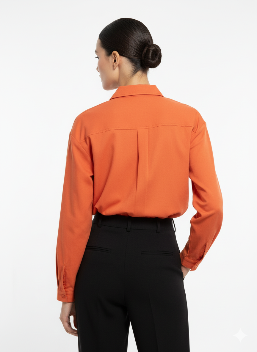 Fs44 1027 Women's Solid Orange Long Sleeve Button-Down Shirt with Pocket