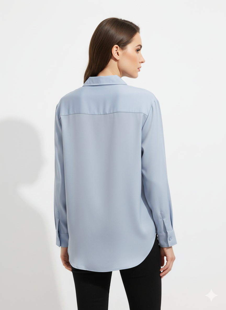 Fs44 1028 Women's Light Blue Long Sleeve Shirt with Embroidered Leaf Deta