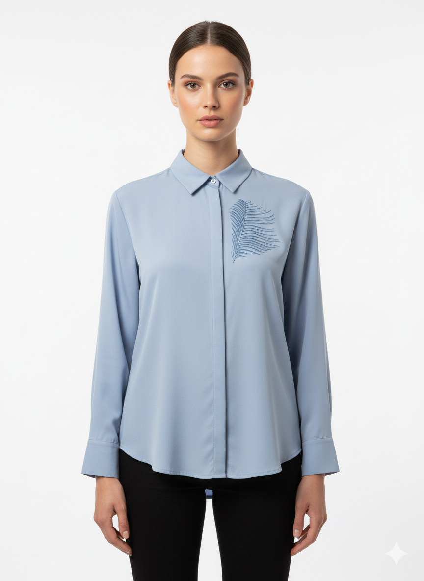Fs44 1028 Women's Light Blue Long Sleeve Shirt with Embroidered Leaf Deta