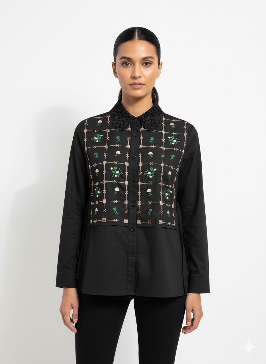 Fs44 10029 Long Sleeve Blouse with Crochet Collar and Floral Embroidery