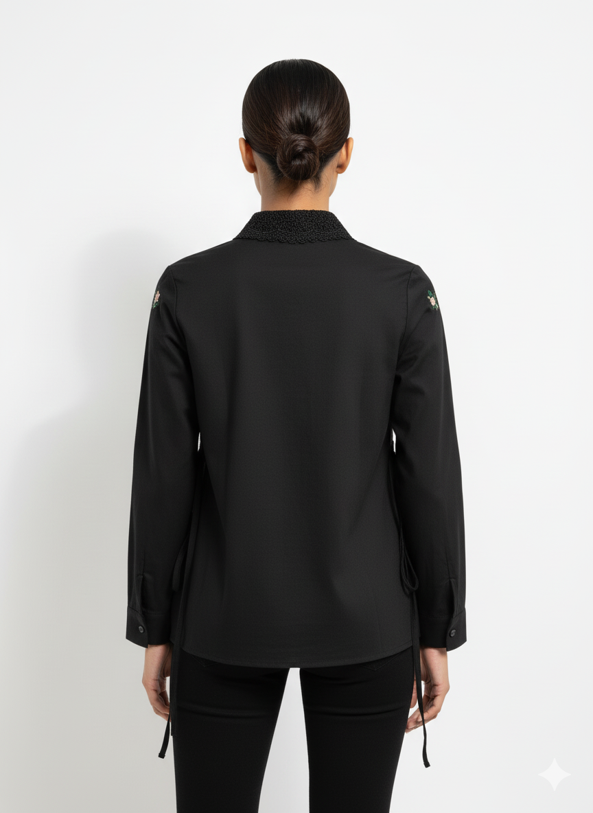 Fs44 10029 Long Sleeve Blouse with Crochet Collar and Floral Embroidery