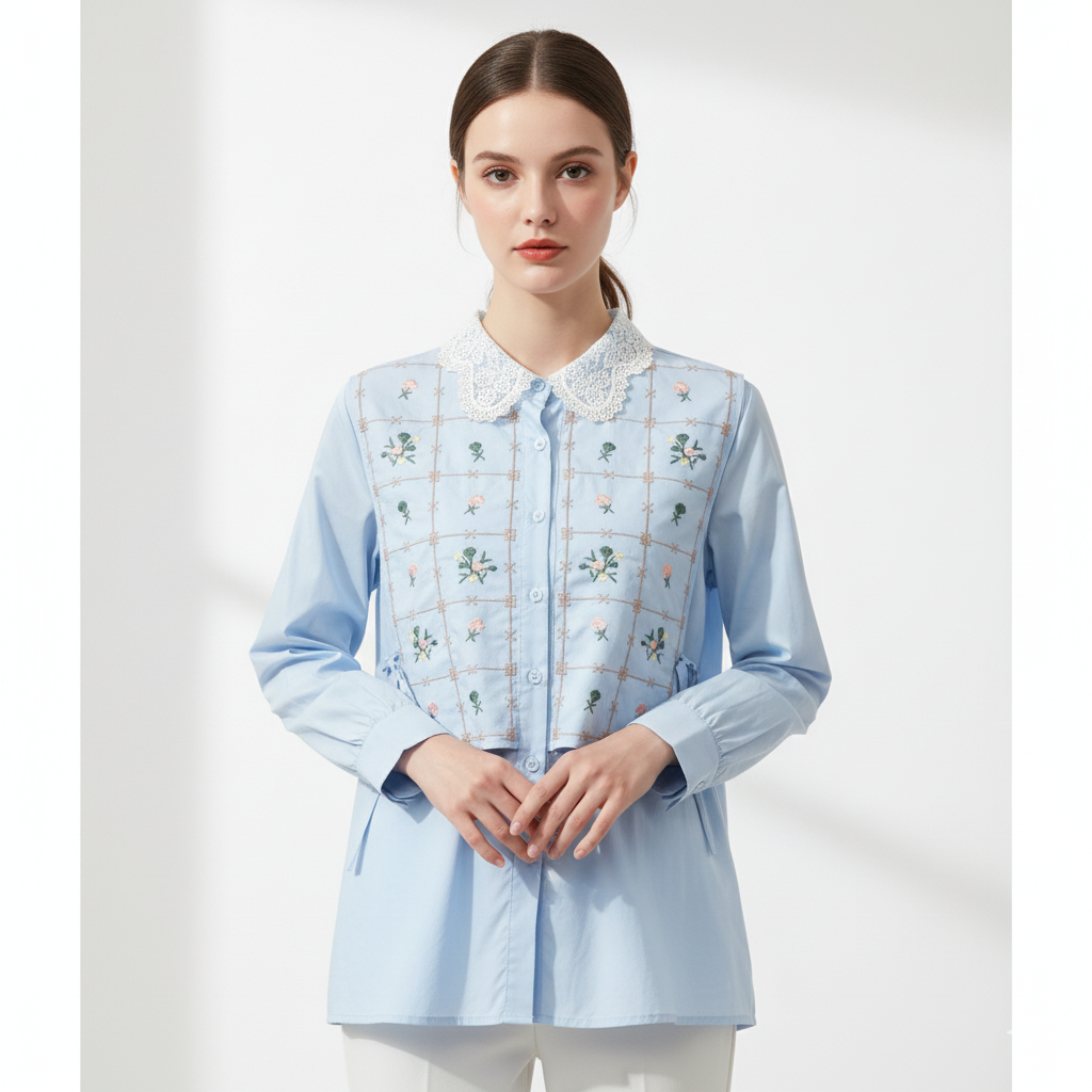 Fs44 10029 Long Sleeve Blouse with Crochet Collar and Floral Embroidery