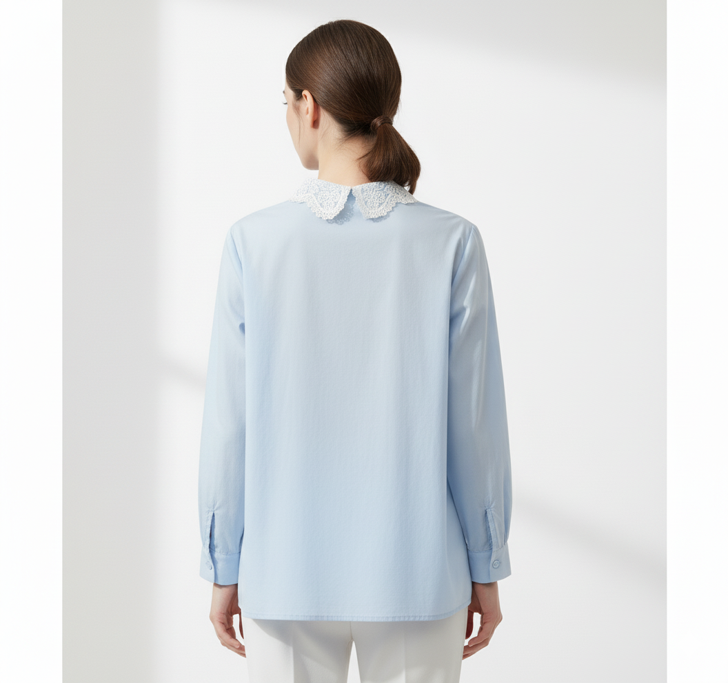 Fs44 10029 Long Sleeve Blouse with Crochet Collar and Floral Embroidery
