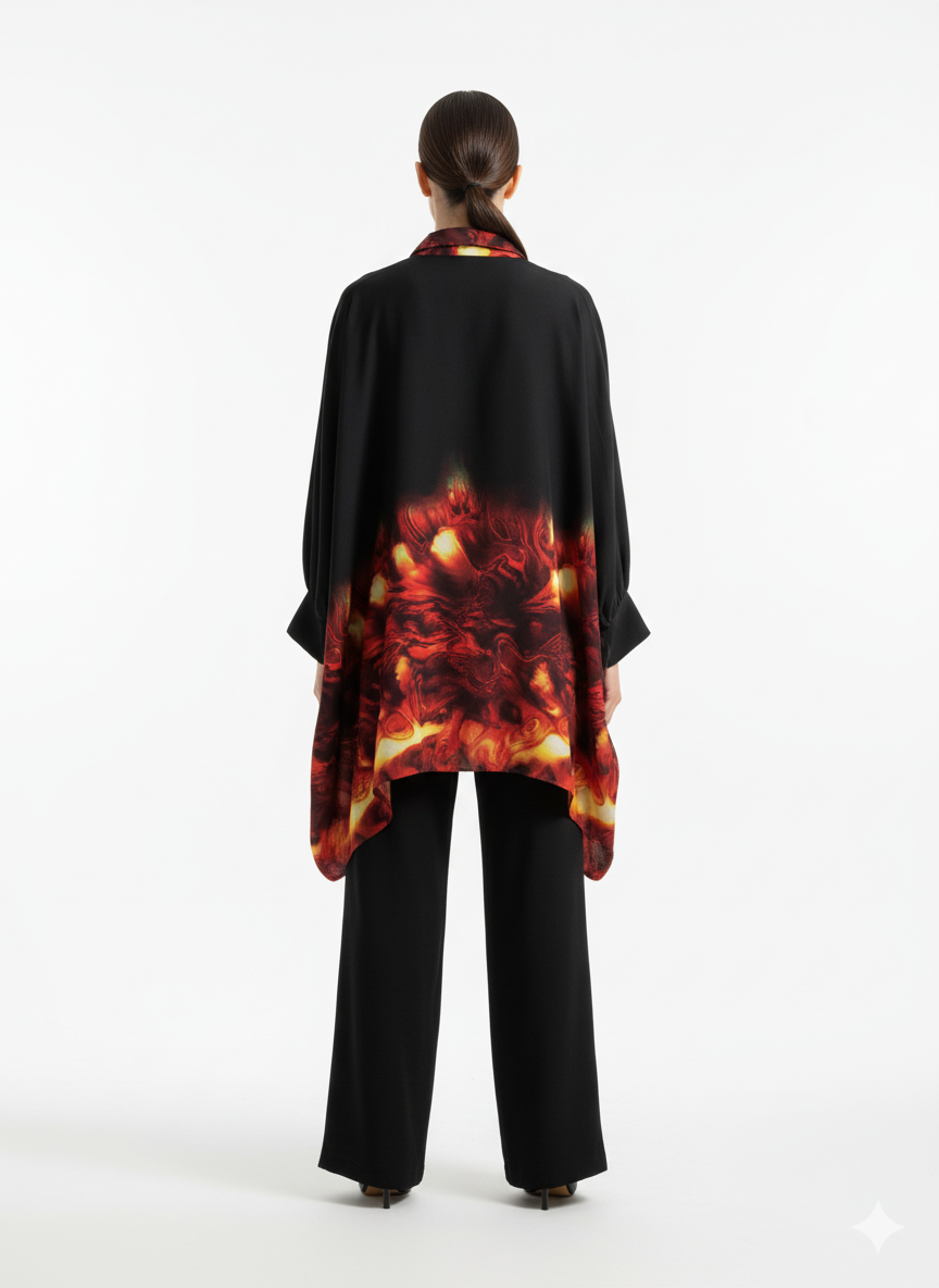 Fs44 1062 Oversized Black Blouse with Fiery Abstract Print