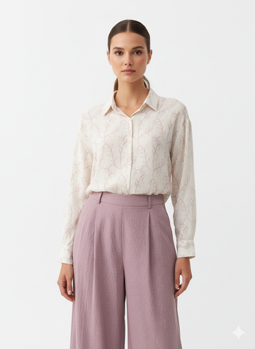 Fs44 1059 Elegant Dusty Rose Wide Leg Trousers & Delicate Willow Print Button-Up Blouse