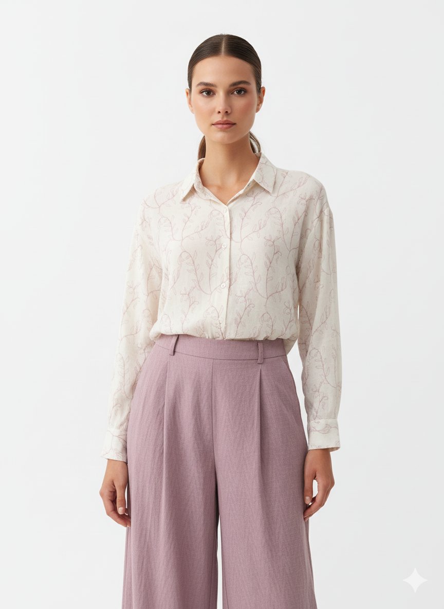 Fs44 1059 Elegant Dusty Rose Wide Leg Trousers & Delicate Willow Print Button-Up Blouse