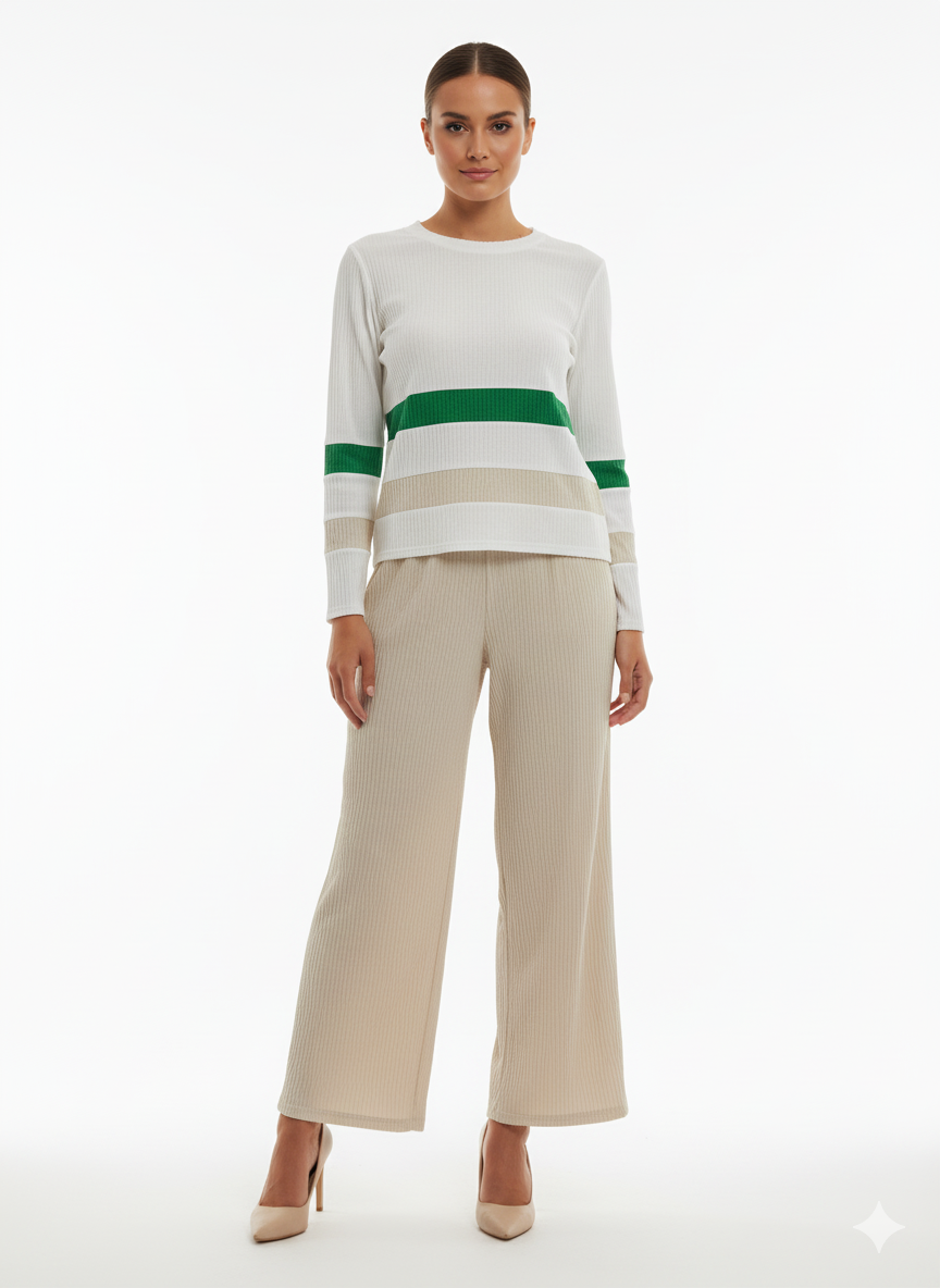 Fs44 1060 Beige Ribbed Knit Pants and Striped Sweater