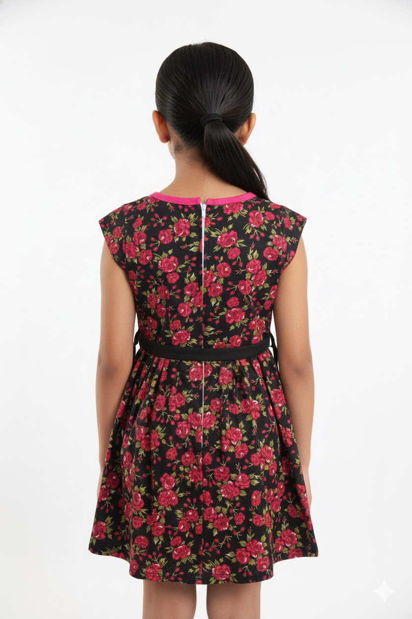 Fs44 1071 Girls' Black Floral Print A-Line Dress with Pink Waistband