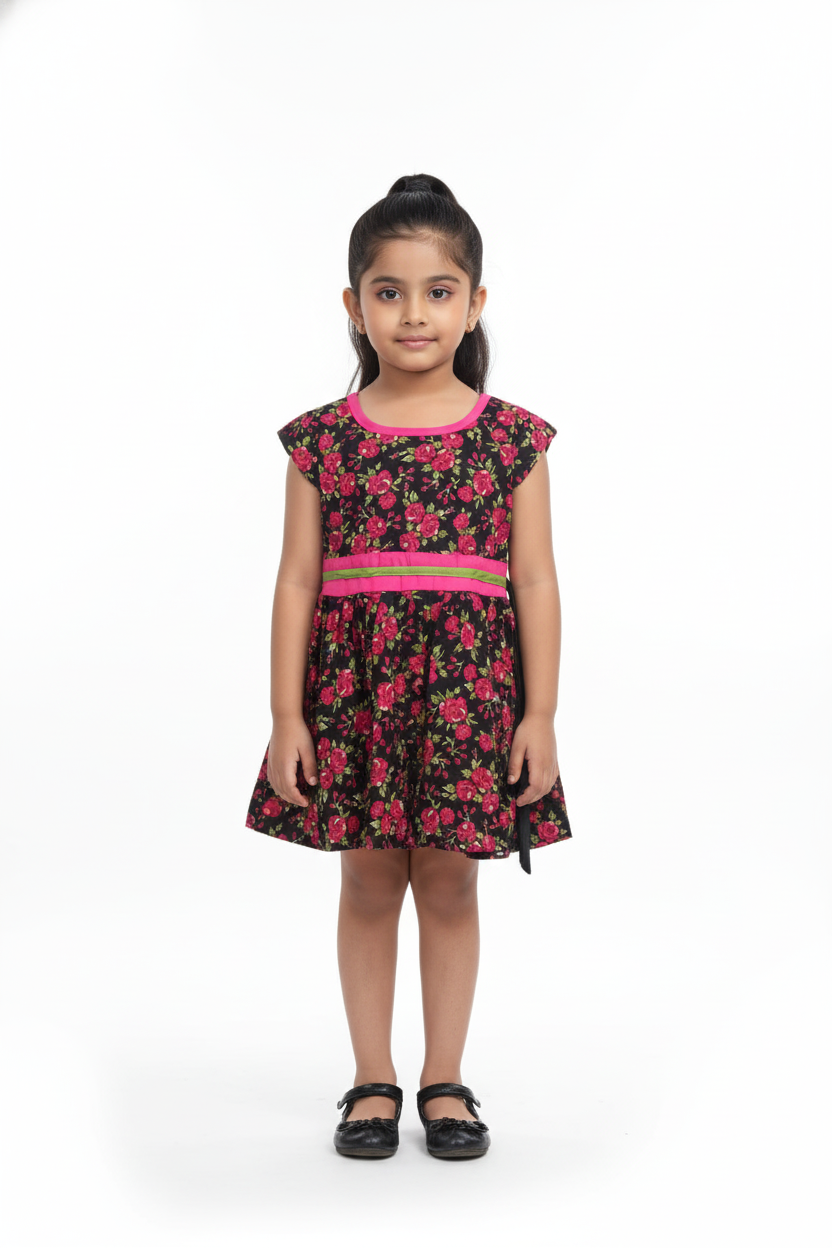 Fs44 1071 Girls' Black Floral Print A-Line Dress with Pink Waistband