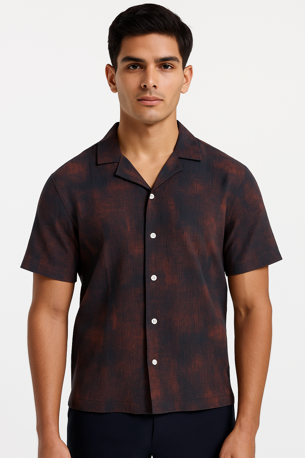 fs44 1002 Men's Textured Cuban Collar Shirt - Burgundy & Charcoal