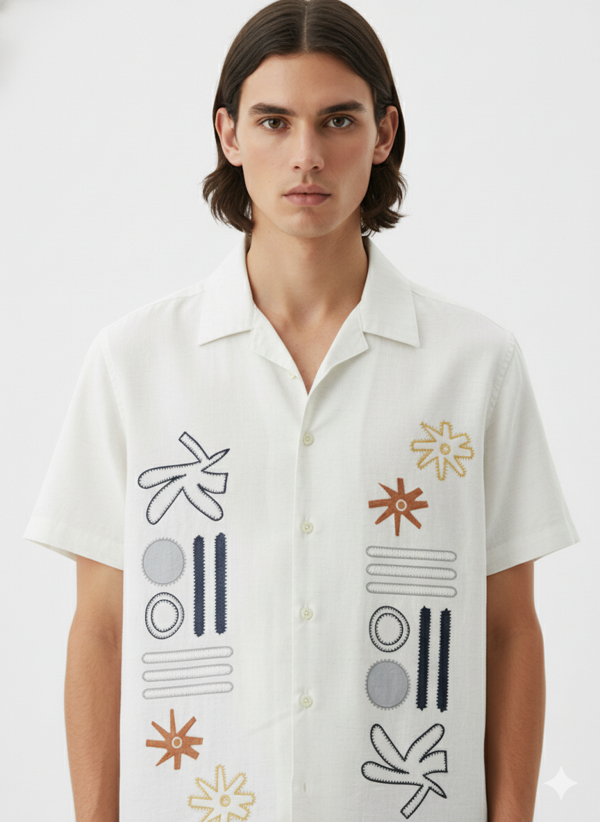 FS44 1126 Men's Abstract Printed Camp Collar Shirt in Off-White