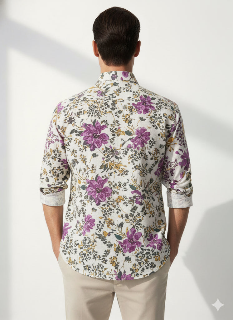 FS44 1093 Men's Lightweight Linen Blend Floral Print Casual Shirt