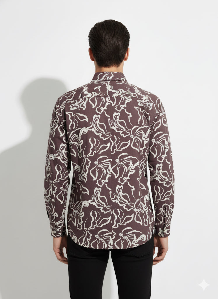 FS44 1094 Men's Brown Floral Print Long Sleeve Button-Down Shirt