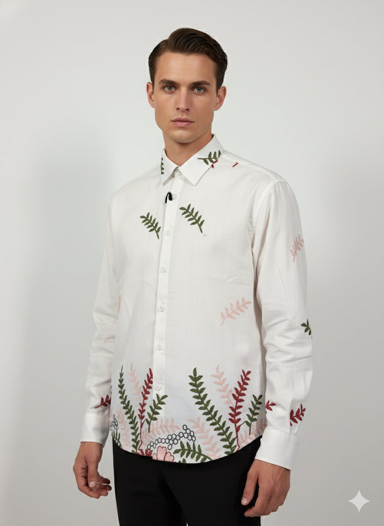 FS44 1096  Men's Embroidered Botanical Print White Cotton Shirt