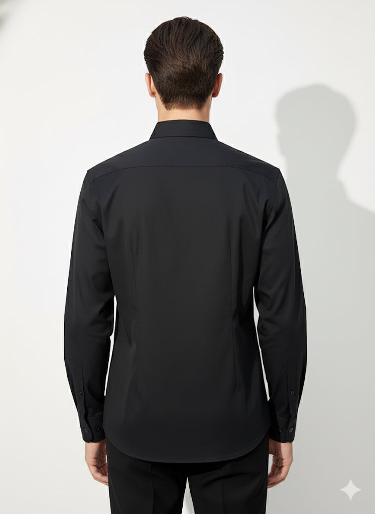 FS44 1099  Men's Black Long-Sleeve Dress Shirt with Gold Trim and Crest Detail