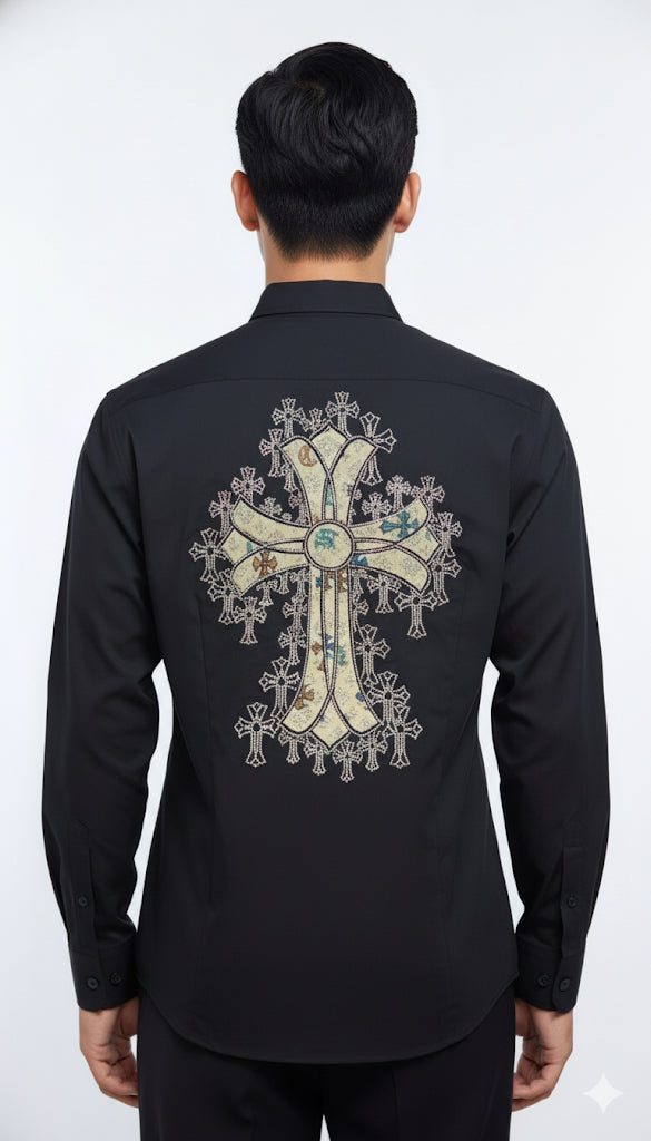 FS44 2002 Men's Long-Sleeve Button-Down Shirt with Embellished Cross Patch