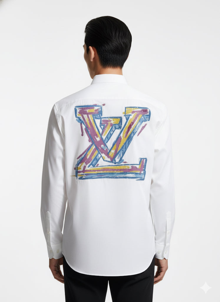 FS44 2005 Men's White Cotton Long-Sleeve Shirt with Colorful Sketch Logo Back Print