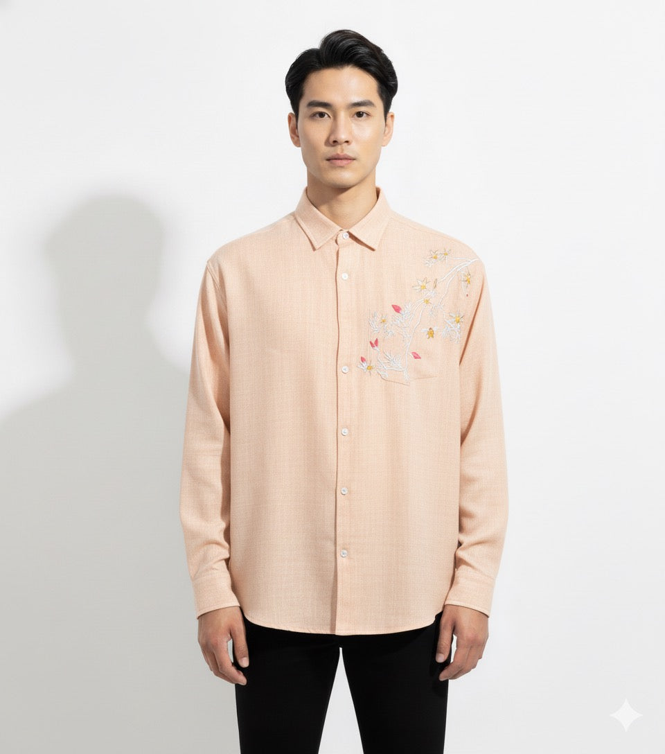FS44 2032  Men's Textured Long-Sleeve Shirt with Floral Chest Embroidery