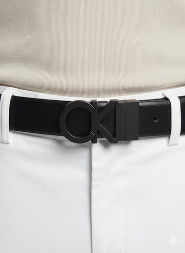 Fs44 2041  Black Reversible Faux Leather Belt with Monogram CK Buckle