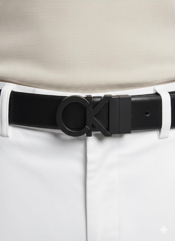 Fs44 2041  Black Reversible Faux Leather Belt with Monogram CK Buckle
