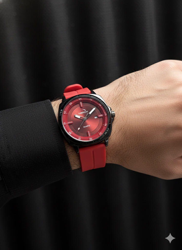 FS44 2049  HERVI Men's Red Dial Quartz Watch with Silicone Strap