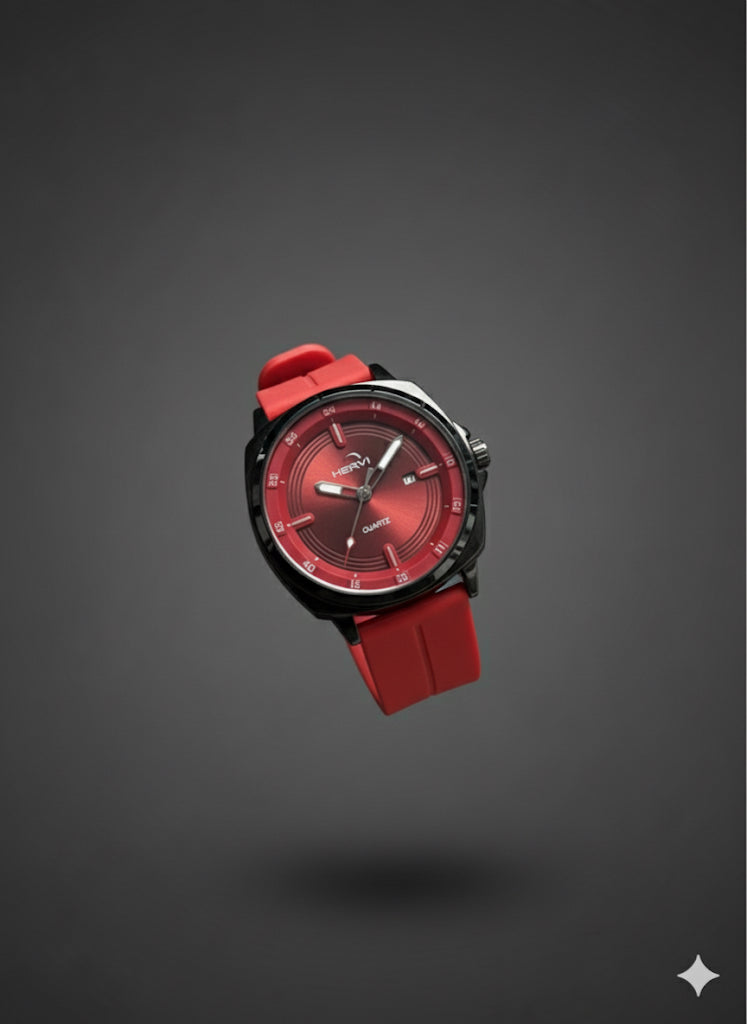 FS44 2049  HERVI Men's Red Dial Quartz Watch with Silicone Strap