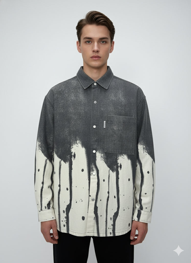 Fs44 1096 Men's Grey Ombre Dip-Dye Denim Shirt Jacket with Paint Splatter Print