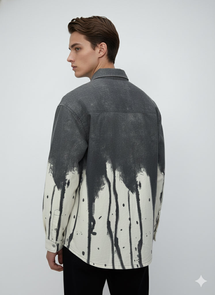Fs44 1096 Men's Grey Ombre Dip-Dye Denim Shirt Jacket with Paint Splatter Print