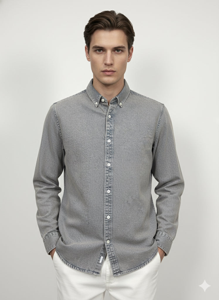 Fs44 1097 Men's Grey Wash Denim Button-Down Shirt