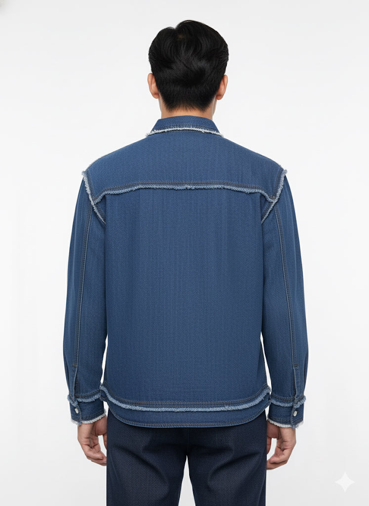 Fs44 1099  Frayed Edge Denim Shirt Jacket with Contrast Stitching
