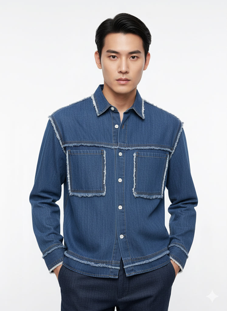 Fs44 1099  Frayed Edge Denim Shirt Jacket with Contrast Stitching