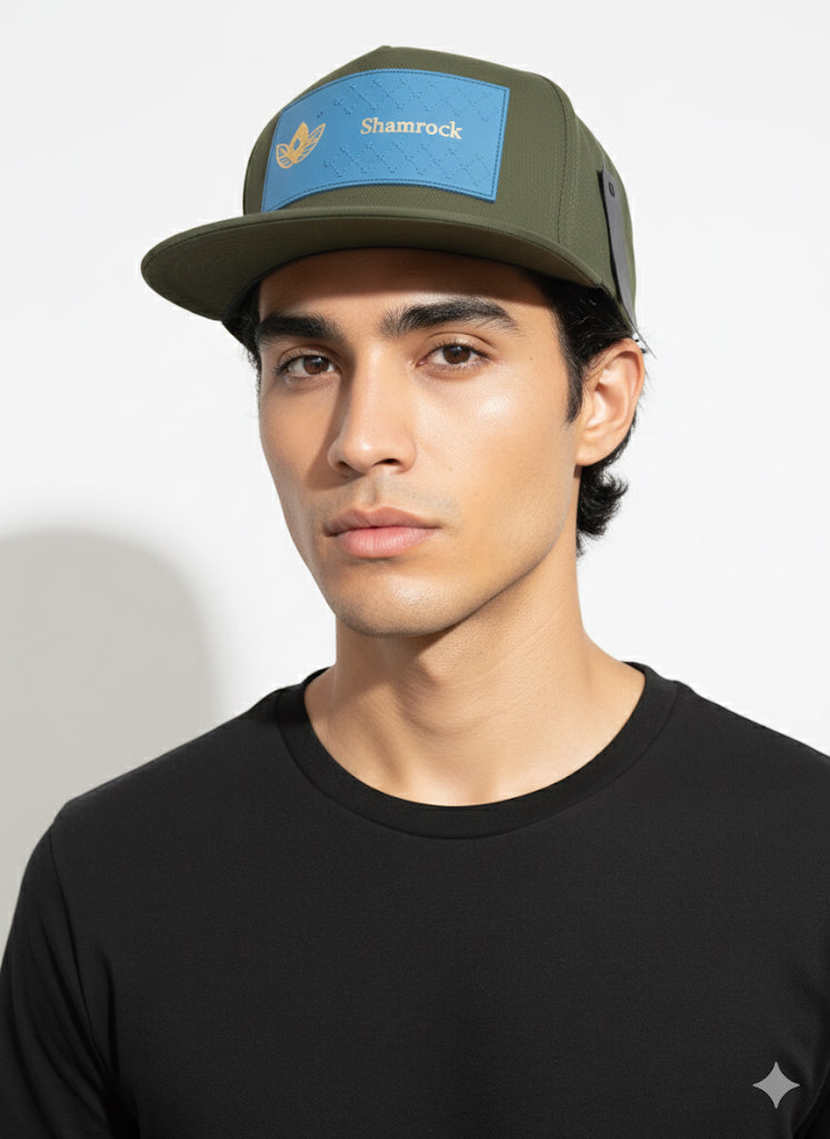 Fs44 1100   Olive Green Flat-Brim Snapback Cap with Blue 'Shamrock' Patch