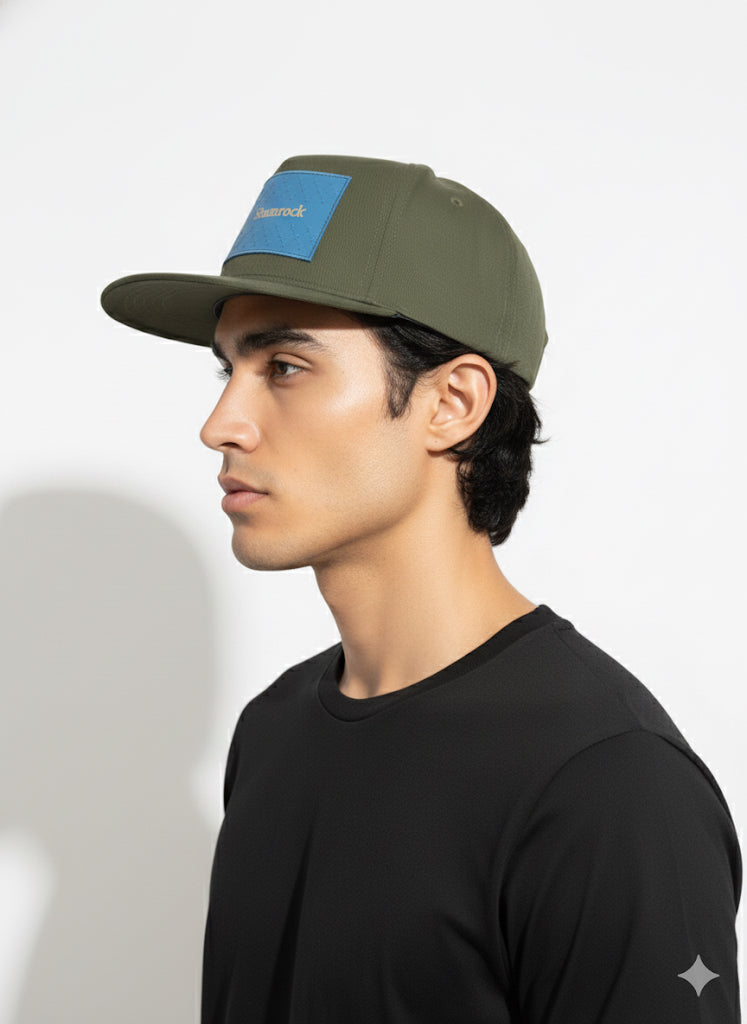 Fs44 1100   Olive Green Flat-Brim Snapback Cap with Blue 'Shamrock' Patch