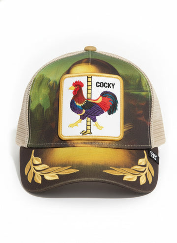 Fs44 1102 Men's Mesh Trucker Hat with 'Cocky' Rooster Patch