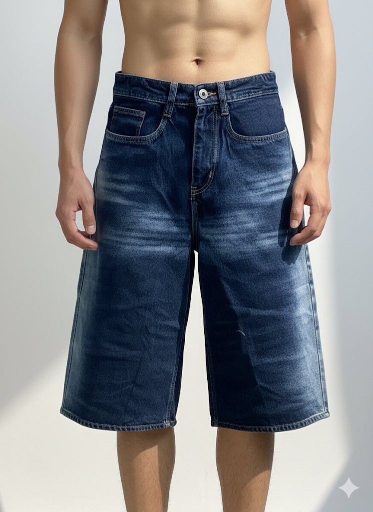 Fs44 1114 Men's Loose Fit Wide-Leg Denim Culotte Shorts - Vintage Wash Jean Jorts