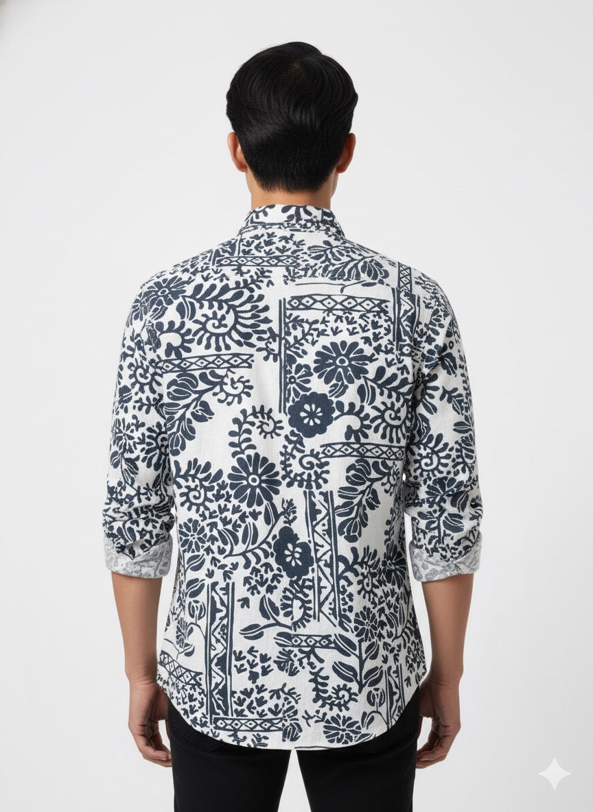 Fs44 1121 Men's Navy and White Floral Print Casual Shirt