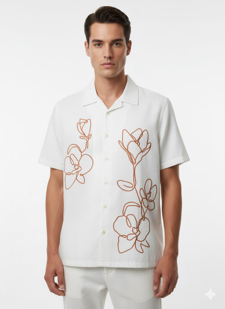 Fs44 1125 Men's Abstract Line Art Floral Cuban Collar Shirt
