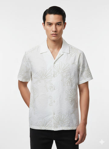 Fs44 1129 Men's White Textured Print Camp Collar Shirt
