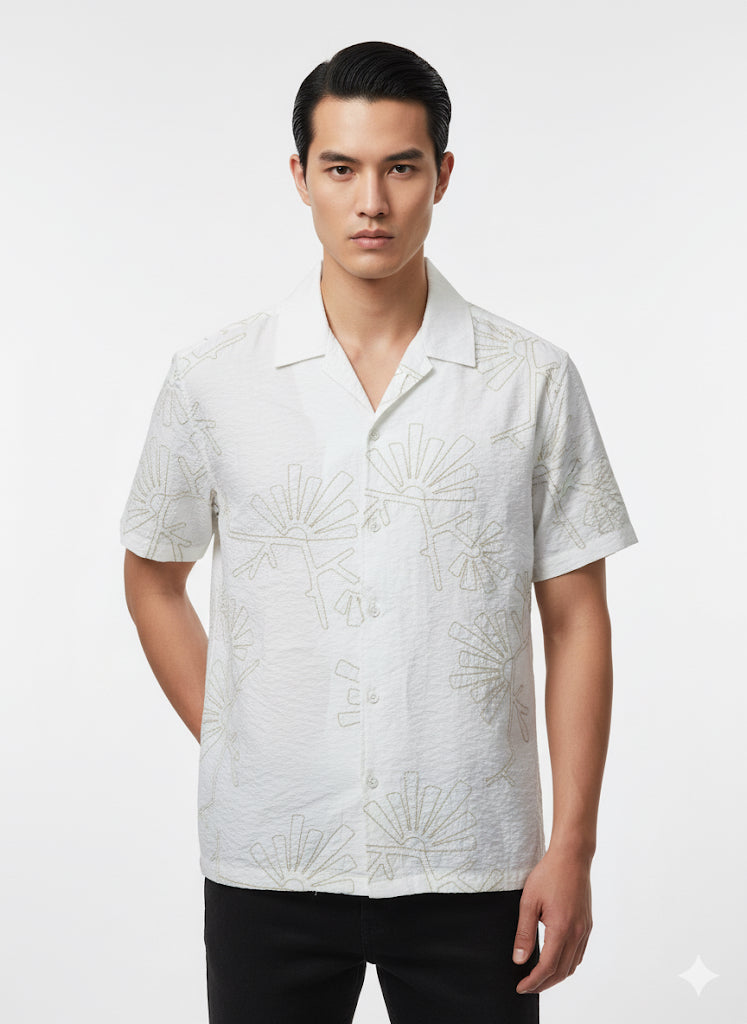 Fs44 1129 Men's White Textured Print Camp Collar Shirt
