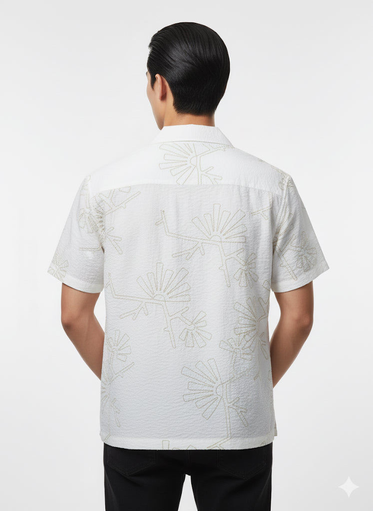 Fs44 1129 Men's White Textured Print Camp Collar Shirt