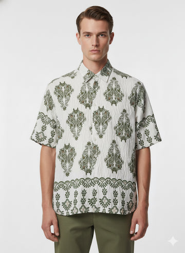Fs44 1132 Men's Paisley Print Short-Sleeve Cuban Collar Shirt