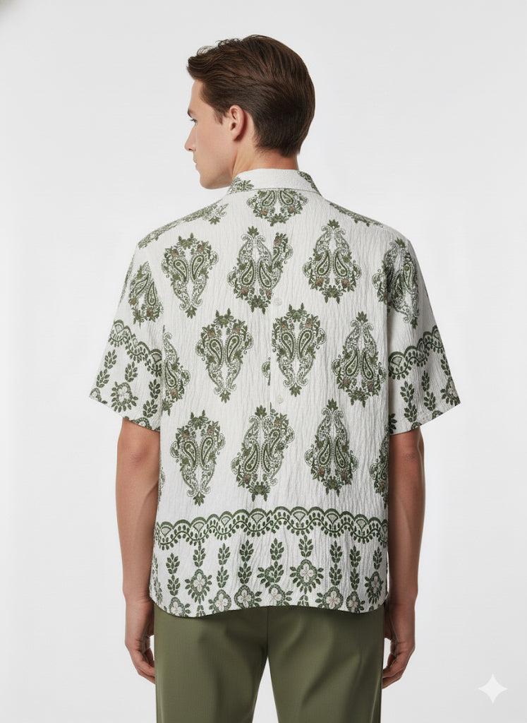 Fs44 1132 Men's Paisley Print Short-Sleeve Cuban Collar Shirt