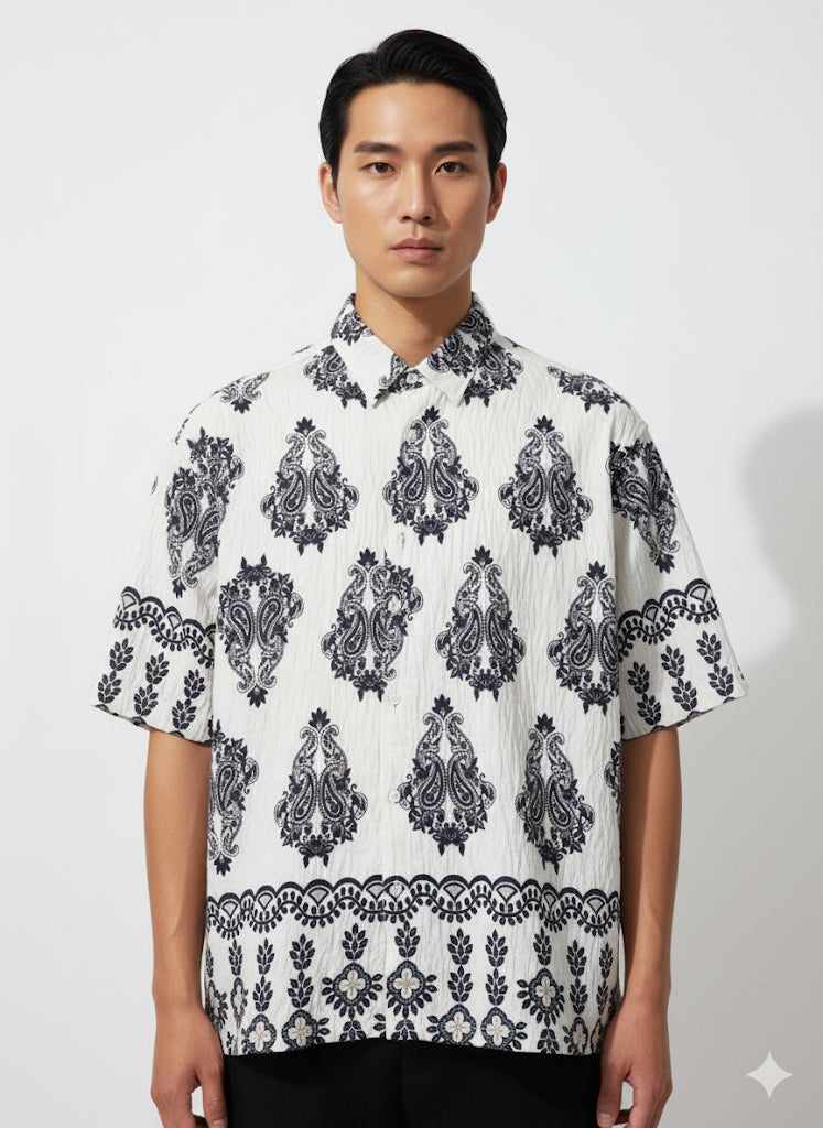Fs44 1132 Men's Paisley Print Short-Sleeve Cuban Collar Shirt