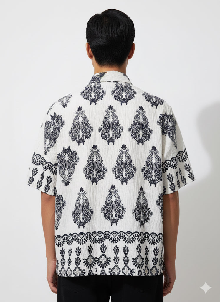 Fs44 1132 Men's Paisley Print Short-Sleeve Cuban Collar Shirt