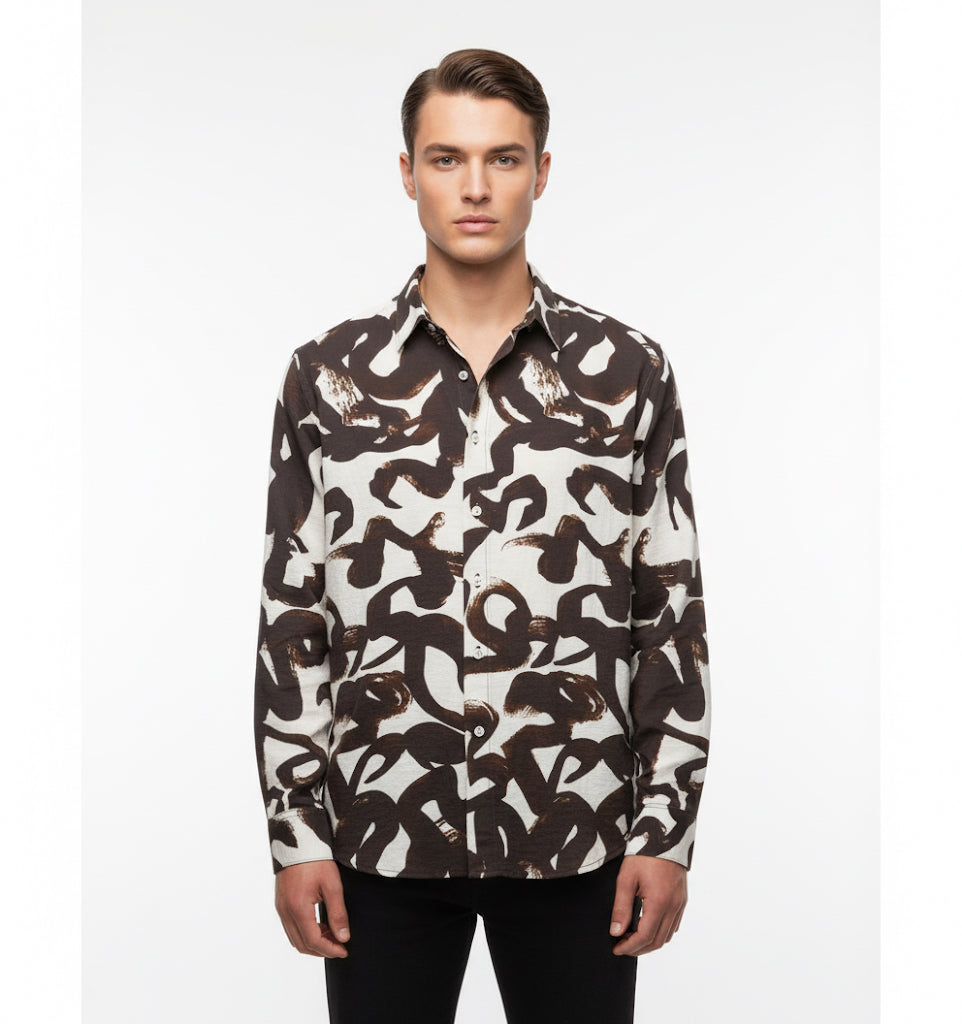 Fs44 1136 Men's Abstract Brushstroke Print Long-Sleeve Button-Up Shirt
