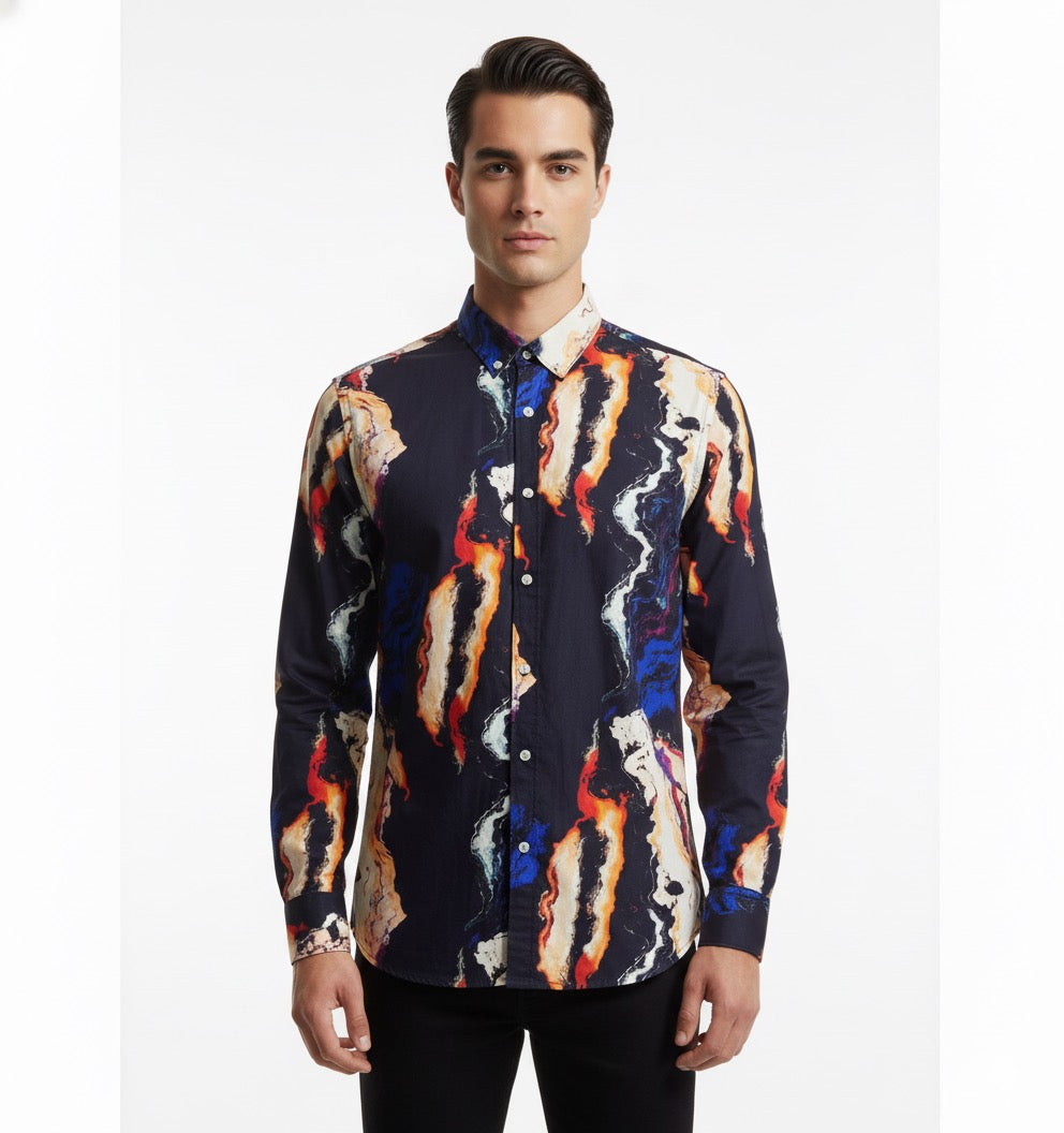 Fs44 1139 Men's Abstract Marble Print Slim Fit Dress Shirt