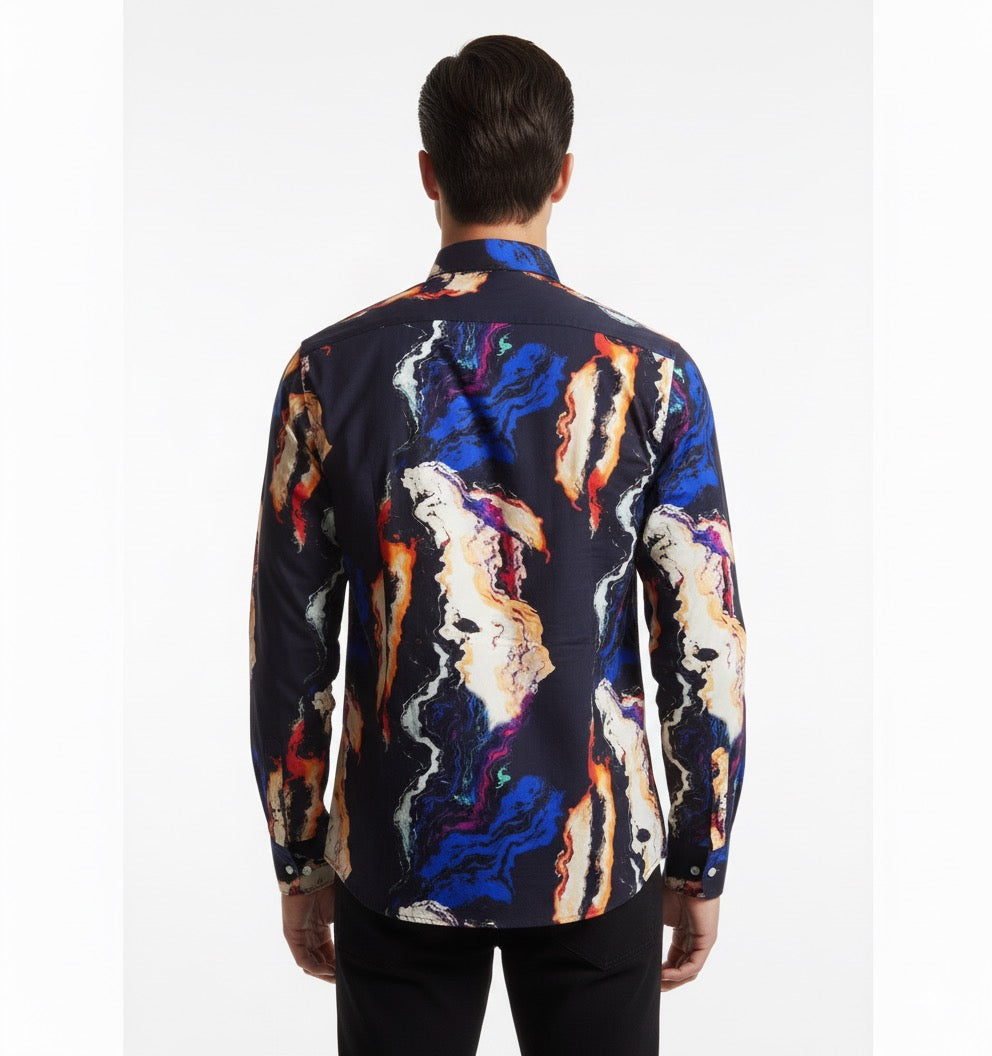 Fs44 1139 Men's Abstract Marble Print Slim Fit Dress Shirt