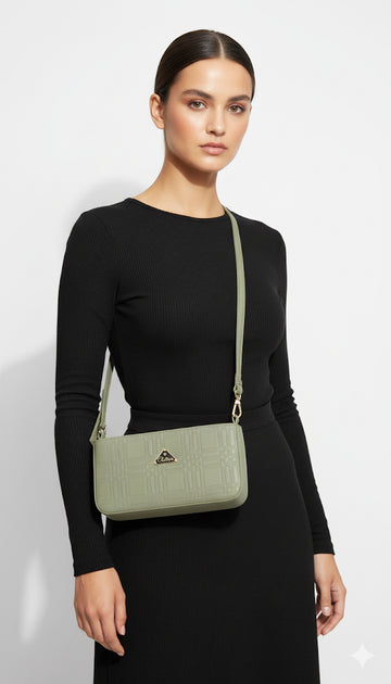 Fs44 1141  Sage Green Plaid Quilted Crossbody Baguette with Adjustable Strap