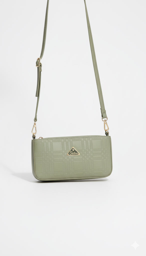 Fs44 1141  Sage Green Plaid Quilted Crossbody Baguette with Adjustable Strap